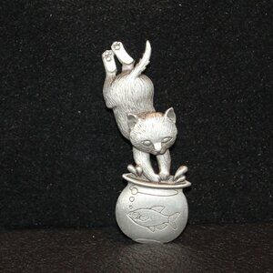 Vintage JJ Jonette Pewter Cat Kitten Jumping Into Fish Bowl Brooch Pin